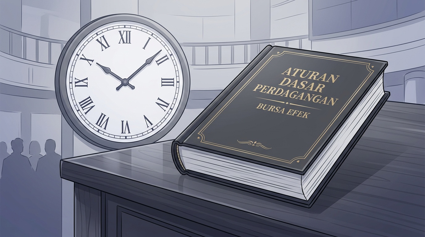 Ilustrasi buku aturan perdagangan dan jam sesi di lingkungan bursa