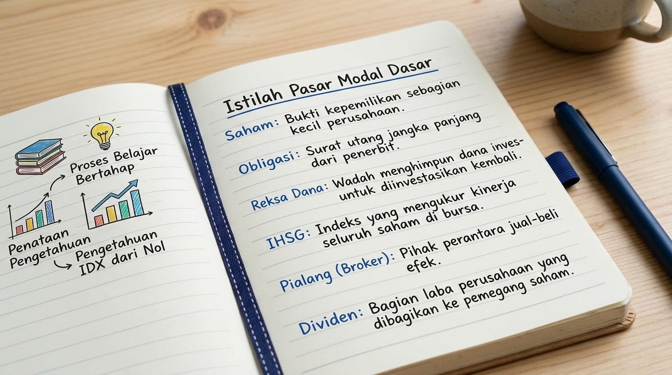 Buku catatan terbuka berisi ringkasan istilah pasar modal untuk pemula