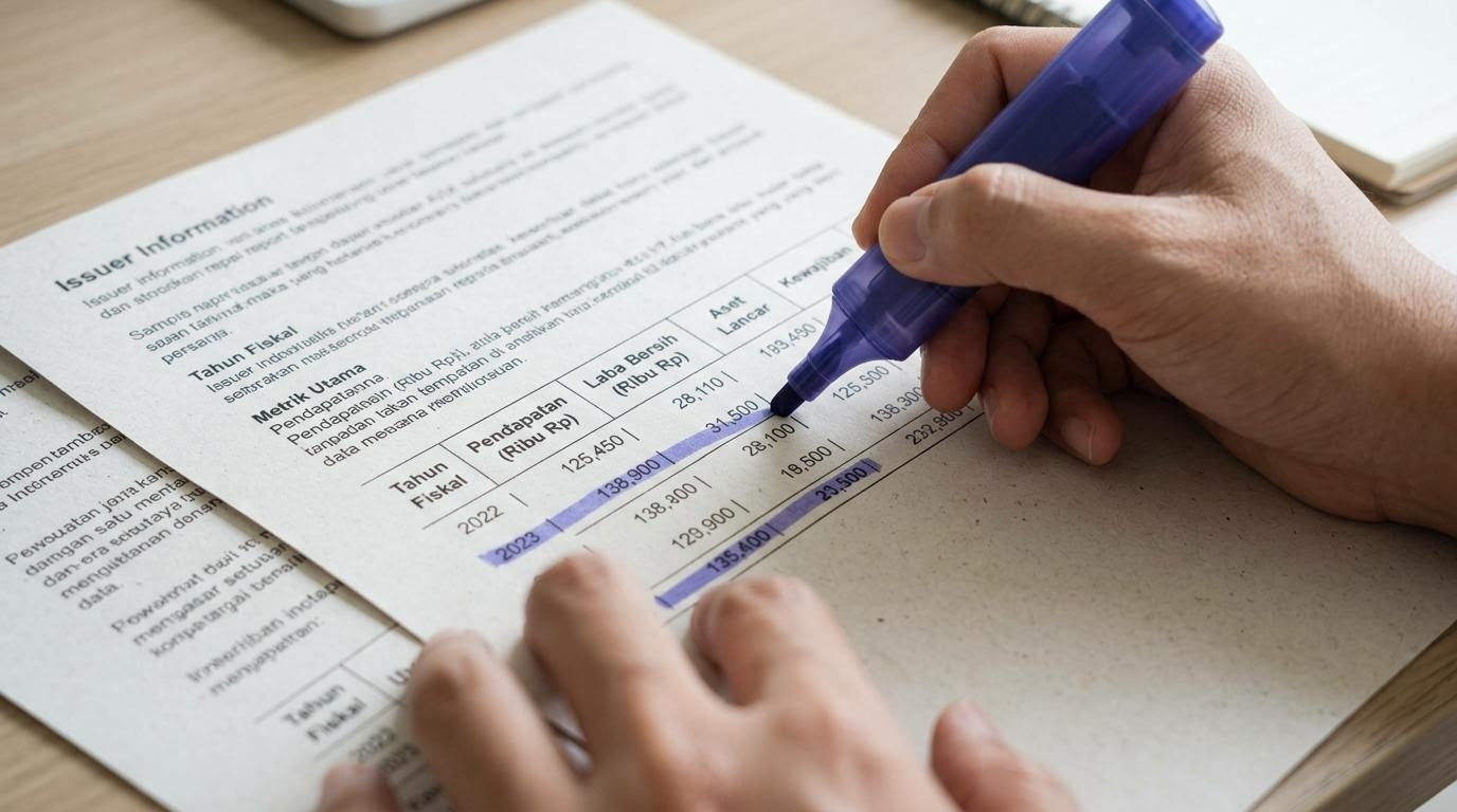 Tangan menandai baris angka pada laporan informasi emiten cetak